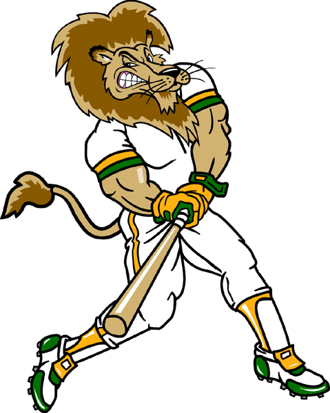 Lion baseball player mascot full color vinyl sports sticker. Customize on line. Lion baseball